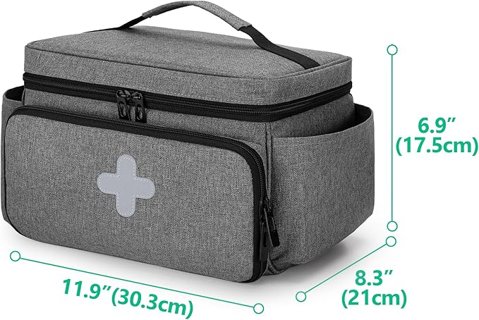 CURMIO Small Medicine Storage Bag Empty, Family First Aid Box, Pill Bottle Organizer for Emergency Medical Supplies, Gray (Bag Only, Patent Pending)