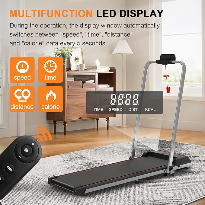 Treadmill with Handles, 2.5HP Walking Pad Treadmills with Handle Bar, Under Desk Treadmill with Remote Control LED Display, Electric Treadmills for Home Small, 270LBS Capacity