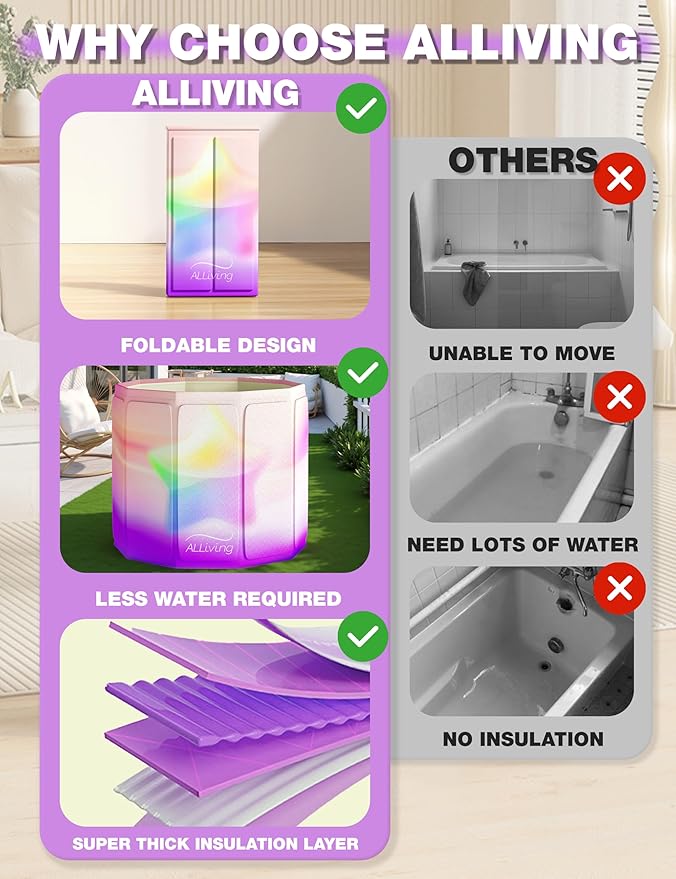 Portable Bathtub Adult Ice Bath Tub - Collapsible Folding Foldable Bathtub for Adult Shower Bathroom Hot SPA Soaking Cold Plunge Tub Deep Freestanding Bathtub Indoor Outdoor Purple