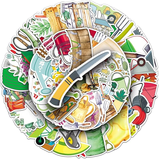 51pcs Garden Tools Stickers, Cartoon Shovel & Watering Can Pattern Decals, Waterproof & Durable for Gardening Journal, Flower Pot, Party Decoration