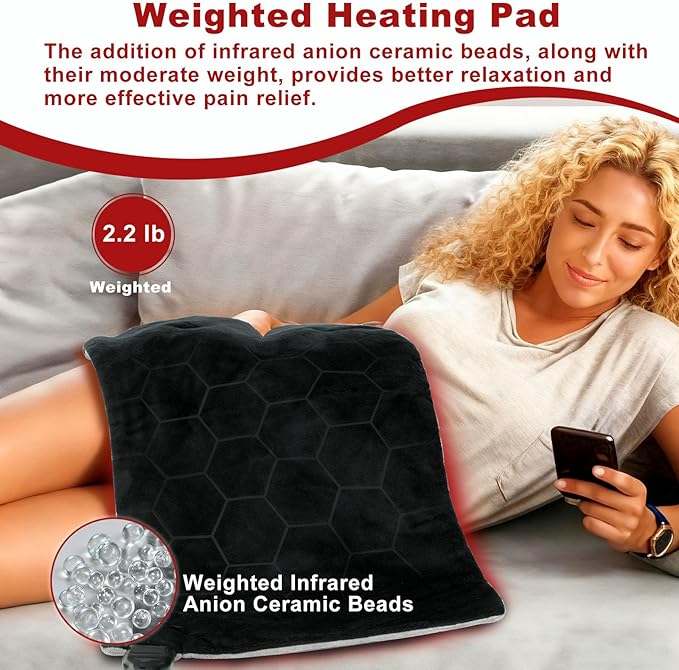 KozyOne Weighted Premium Heating Pad - Far Infrared & Negative Ion Therapy for Pain Relief in Back, Neck, Shoulders, Knees, 4 Heat Settings, Auto-Off, Machine Washable (12" x 24")