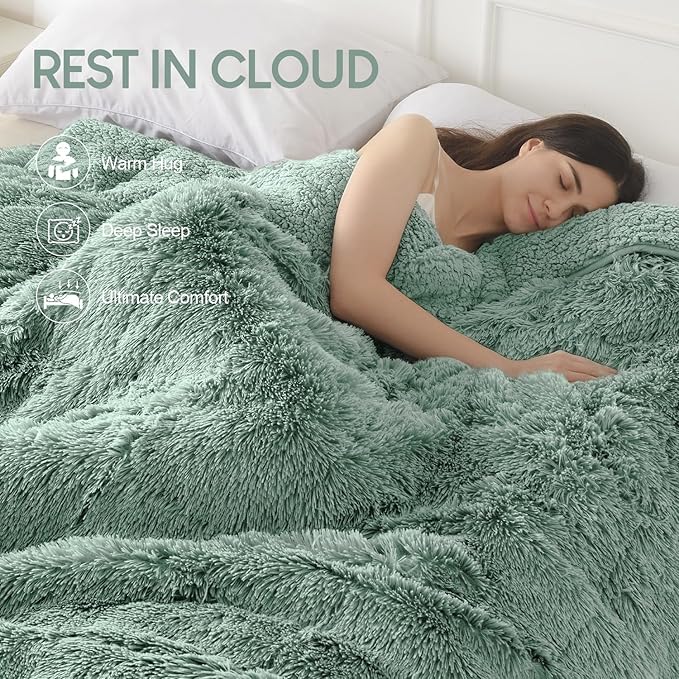Cottonblue Weighted Blanket 20lbs 60x80 inches for Queen Bed, Faux Fur Sherpa Weighted Blanket for Adults, Plush Cozy Bed Blanket with Glass Beads for Calm and Relax,Sage Green