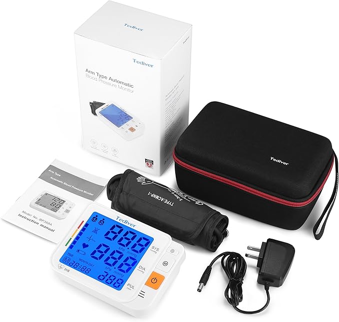 Digital Blood Pressure Monitor, Large Cuff 0.7-1.3 Feet, Electric Upper Arm Blood Pressure Machine with Electric Powered Charger and Device Case, Backlight LCD Screen, 2 Year Warranty