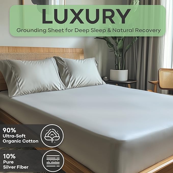 Earthing Grounded Fitted Sheet Queen Size with 10% Silverfiber & 90% Cotton - Gray - Luxury Material Grounding Bed Sheets - Improved Sleep Quality (King)