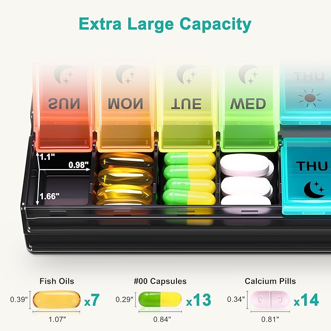 Fullicon Large-Capacity Pill Organizer 2 Times a Day, Fast-Refill Medicine Pill Organizer, Pill Box, Travel Pill Box, Medicine Organizer, AM PM Weekly Pill Case (Black Rainbow) Patent Pending