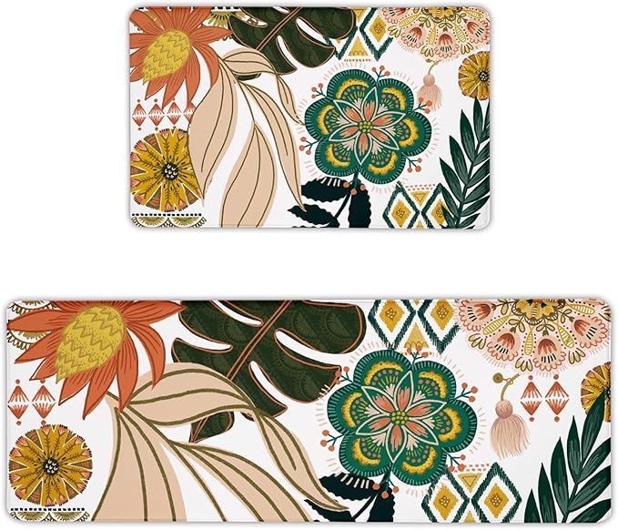 Boho Floral Kitchen Rugs Sets of 2 Anti Fatigue Cushioned Kitchen Mats for Floor Farmhouse Kitchen Rugs Non Slip Waterproof Mid Century Botanical Comfort Standing Mat for Sink Laundry
