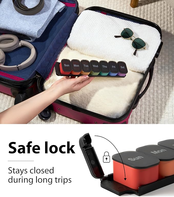 Pill Box 7 Day – Weekly Pill Organizer with Magnetic Detachable Compartments, 1 Time a Day for Vitamins & Supplements, Easy-Open Lids, Color-Coded Daily Containers with Easy-to-Read Day Markings