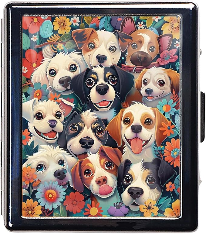 7 Days Chromed Shiny Silver Pill Organizer with Mirror Inside Has 8 Separate Compartments Rectangle 7 Days Pill Box Pill Case (Lovely Dogs)
