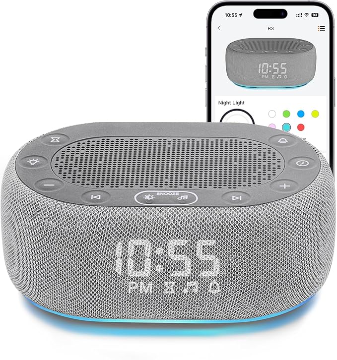 1Mii White Noise Sound Machine with Alarm Clock, Sound Machine for Sleep for Adults Baby, 30 Soothing Sounds, Smart App Controlled, Dimmable 7-Color Night Light, Sleeping Timer, 30 Volume Levels