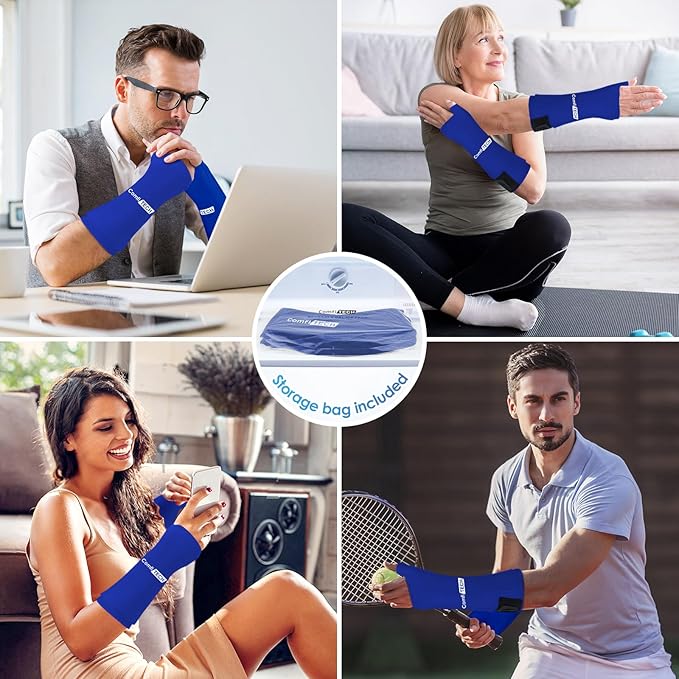 ComfiTECH Wrist Ice Pack Wrap 2 Pack, Flexible Hand Ice Pack for Carpal Tunnel, Thumb & Forearm, Reusable Gel Cold Sleeve with Adjustable Strap for Comfort and Support, Blue, Medium
