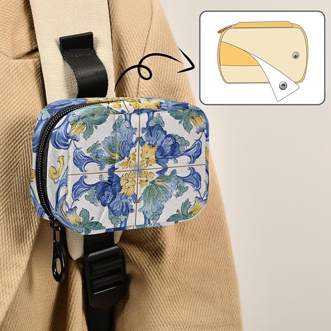 Vintage Floral Blue and Yellow Tile Travel Pill Organizer Case Box Container Weekly Portable Vitamin Medicine Holder Storage Bag with Zipper Removable