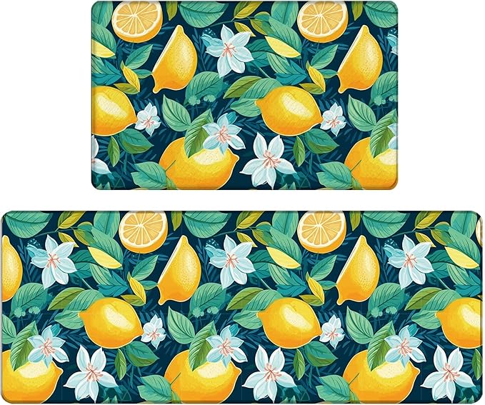 Bulijojo Lemon Anti Fatigue Kitchen Floor Mats Set of 2 Waterproof Kitchen Sink Runner Rug Standing Mat Cushioned Kitchen Rugs Comfort Doormat 17"x47"+17"x28"