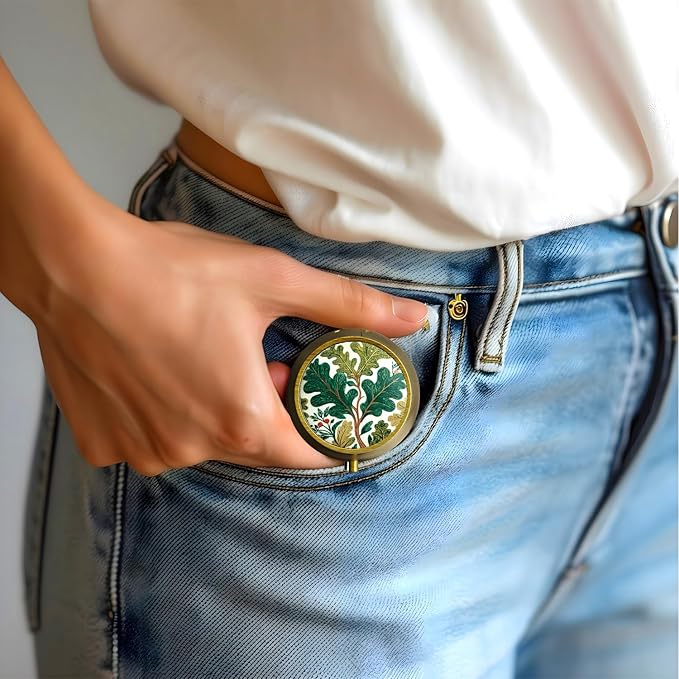 Small Pill Case Pill Box with Mirror Retro 3 Compartment Pill Holder for Purse or Pocket Bronze Portable Medicine Vitamin Container Fish Oil and Supplement Storage BPA-Free(Oak Leaves)