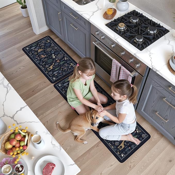 KIMODE Anti Fatigue Mats for Kitchen Floor,Farmhouse Animal Forest Kitchen Rugs Sets of 2 Non Slip,Comfort Cushioned Padded Kitchen Floor Mats for Laundry Sink Office,Dark Blue