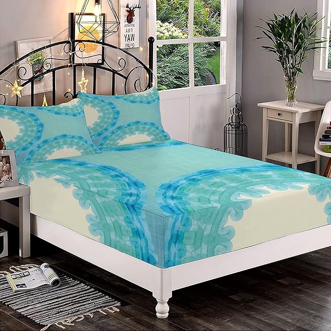 XISUNYA Decorative Bedding Sheet Set Twin Size, Aqua Deep Pockets Fitted Sheet & 2 Pillowcases Set(No Flat Sheet), Tie Dye Mandala Ombre Image Circles Indian Print Microfiber 3pc Bed Sheets Set