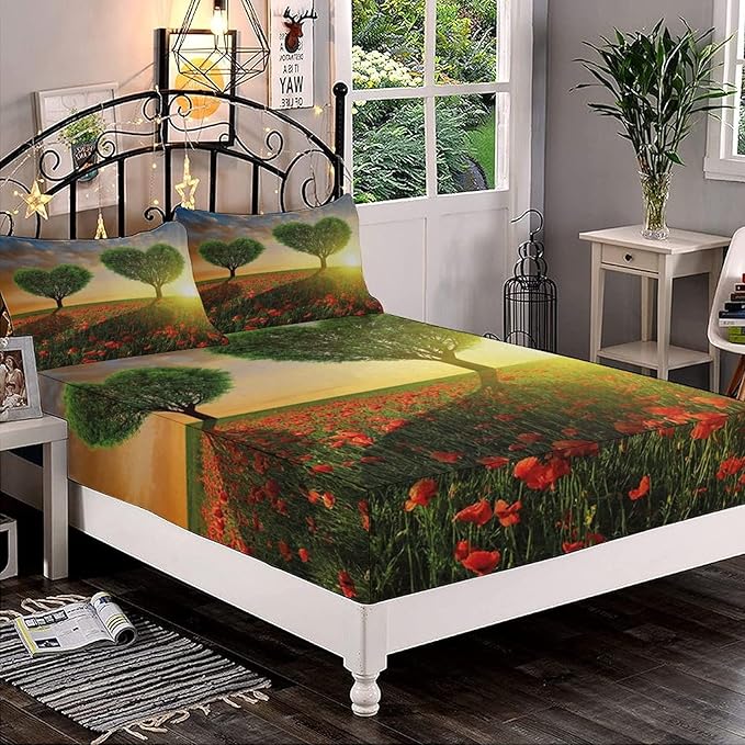 XISUNYA Decorative Bedding Sheet Set Queen Size, Valentines Day Deep Pockets Fitted Sheet & 2 Pillow Sham Set, Poppy Heart Shaped Trees Romantic Love Meadow Print Microfiber 3pc Bed Sheets Set
