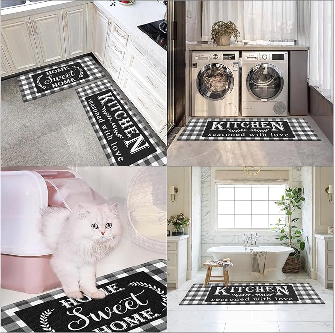 Arttown Farmhouse Anti-Fatigue Kitchen Rug Set of 2 Black White Buffalo Plaid Cushioned Floor Mat, Standing Waterproof Non-Slip Kitchen Mat PVC Ergonomic Comfort Foam Rug
