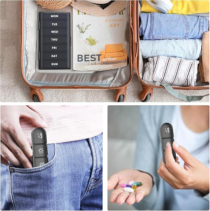 Weekly Pill Organizer 3 Times a Day, Travel Essentials for Women 7 Day Morning and Night Pill Case, Black Daily Am Pm Pill Box for Medication, Vitamins, Fish Oils, Supplements