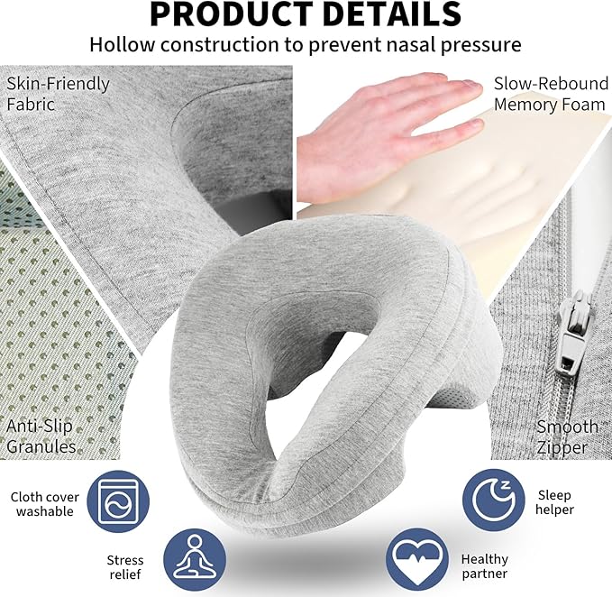 Face Down Pillow for Massage Table, Massage Headrest for Bed, Stomach Sleeping Pillow with Face Cradle Pad, BBL Pillow After Surgery Post Eye Surgery Recovery, Massage Pillow with Removable Cover Grey
