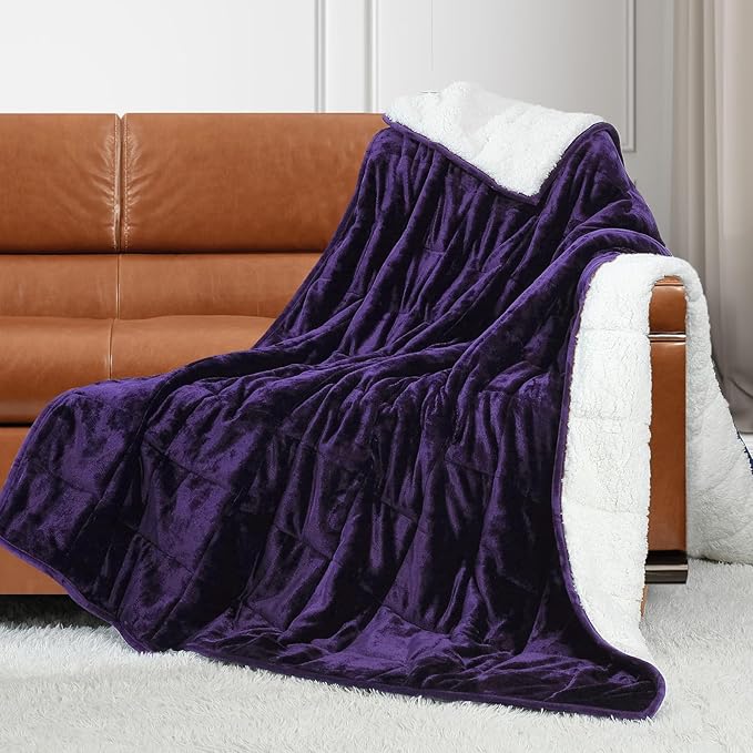 Alomidds Weighted Blanket Twin Size 20lbs 48x72 inches,Sherpa Weighted Blankets for Adults,Fluffy Warm Sherpa & Cozy Soft Flannel Snuggle Thick Heavy Blanket Great for Relaxing,Purple