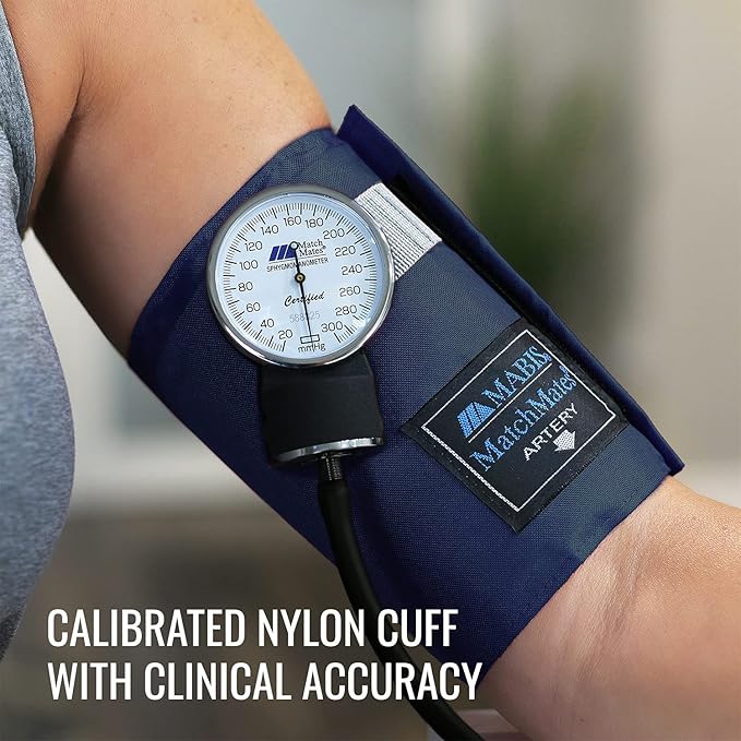 MABIS MatchMates Manual Blood Pressure Monitor Kit Aneroid Sphygmomanometer with Calibrated Nylon Cuff and Oversized Carrying Case, Adult, Navy
