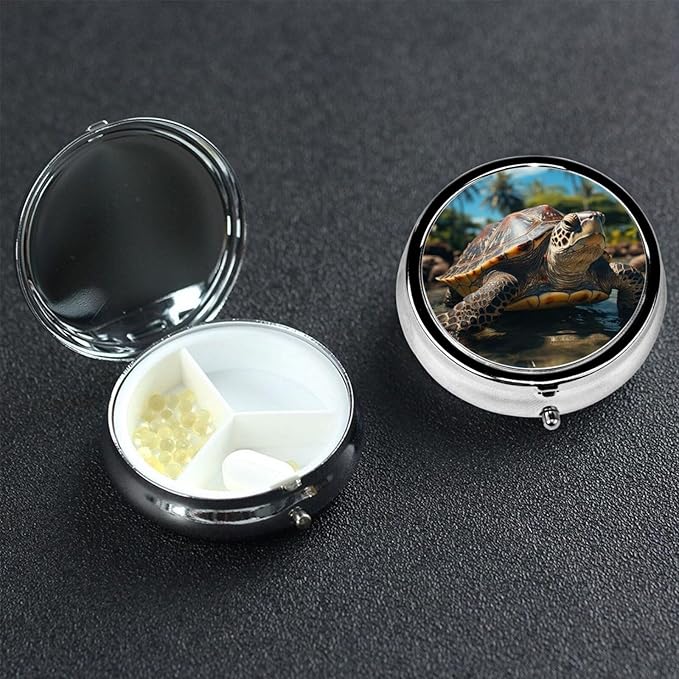 Big Turtle and Palm Trees Print Pill Box Round 3 Compartment Pill Case Portable Travel Pill Organizer Mini Medicine Storage Box for Pocket Purse Metal Decorative Pill Holder for Daily Medicine