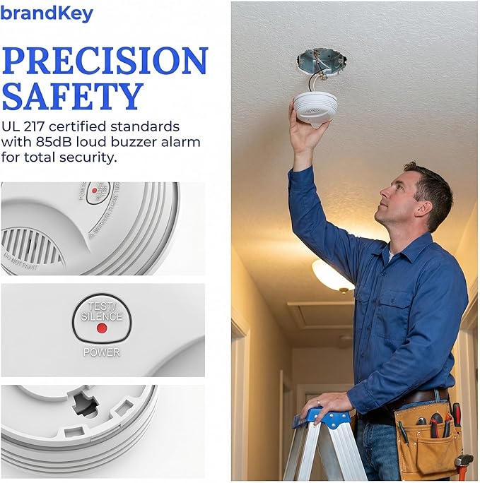 3 Pack Photoelectric Smoke Detector with 9V Battery Included Smoke Alarm, 10-Year Sensor, Test/Silence Button, Low Battery Warning, Easy Mount, Fire Alarm for Home Bedroom Living Room