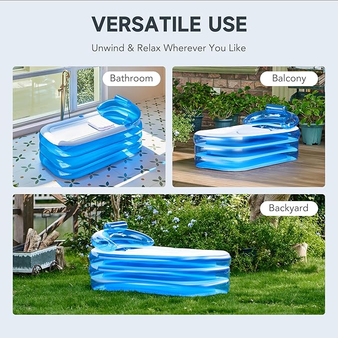 CO-Z Inflatable Bathtub with Electric Air Pump and Bath Pillow Headrest, Portable Blow Up Tub for Adults, Outdoor or Indoor Freestanding Foldable Spa Cover Drainage Hose Cup Holder