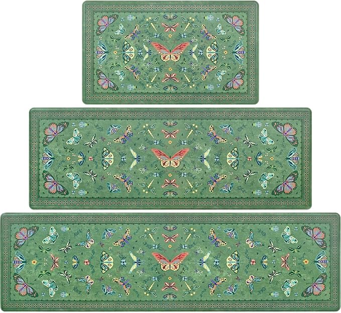Yinhua Kitchen Rugs Sets of 3, Green Insect Kitchen Rugs Non Slip Washable, Farmhouse Anti Fatigue Mats for Kitchen Floor, PVC Waterproof Rug for Spring Summer, 18''x30''+18''x48''+18''x60''