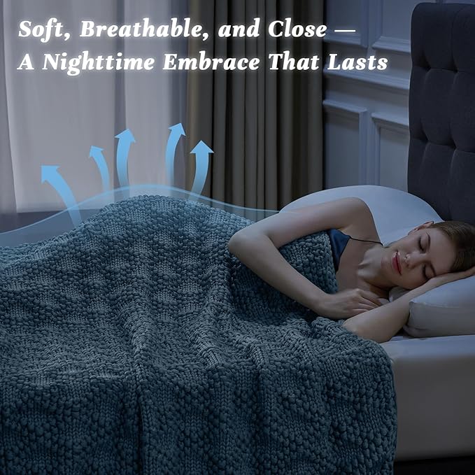 Knitted Weighted Blanket for Adult, Chunky Knit Weighted Throw for Sleep 50"*60" 7lbs, Cooling Breathable Heavy Blanket for Hot Sleepers, Machine Washable Blanket for Room Decor(HazeBlue)