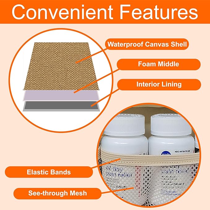 Medium Travel Pill Bottle Organizer, Slim Medicine Bag, Carrier for Medications and Medical Supplies - Khaki Canvas