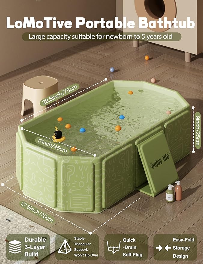 Portable Bathtub Collapsible Bath Tub - Non-Slip Base Cat Dog Bathtubs Wash Shower Basin (Green)