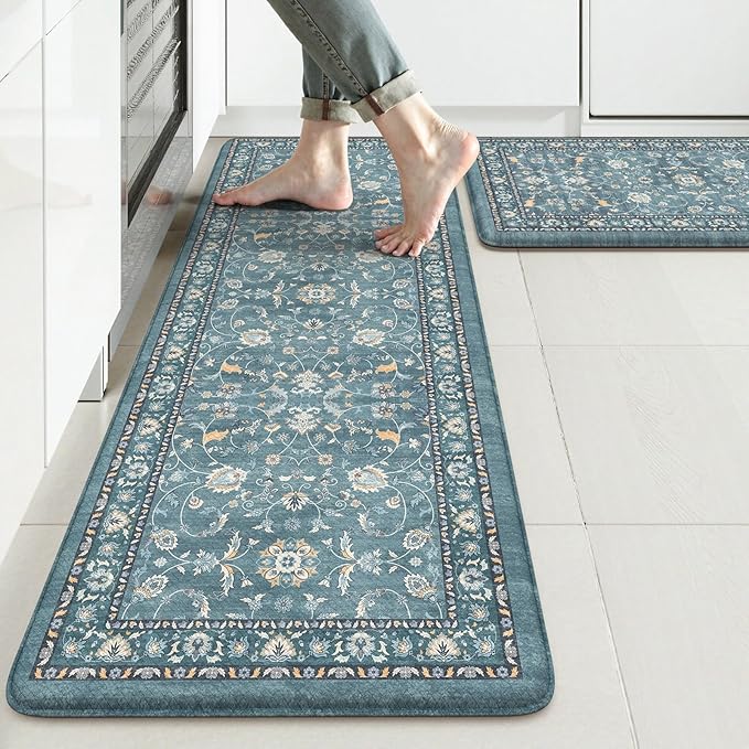 KIMODE Kitchen Floor Mats Cushioned Anti Fatigue,Comfort Memory Foam Kitchen Mats for Floor 2 Piece,Boho Vintage Floral Kitchen Rug Non Slip for Laundry Sink Office Home Decor,Blue