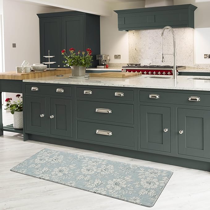 Laura Ashley - Anti-Fatigue Kitchen Mat, Iris Floral Design, Stain, Water & Fade Resistant, Cooking & Standing Relief, Non-Slip Backing, Measures 17.5" x 60", Light Blue