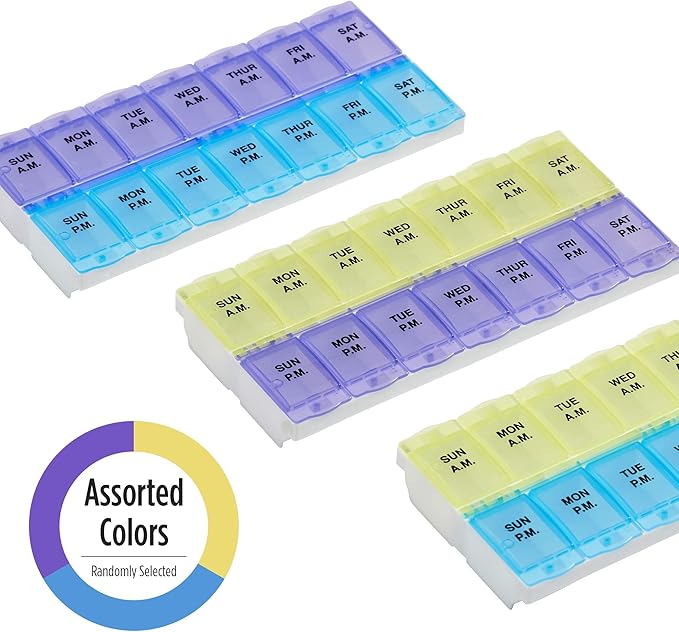 EZY DOSE (14-Day) AM/PM Pill Planner, Medicine Case, Vitamin Organizer Box, 2X-Large Locking Compartments to Secure Prescription Medication and Prevent Accidental Spilling, Color May Vary, BPA Free