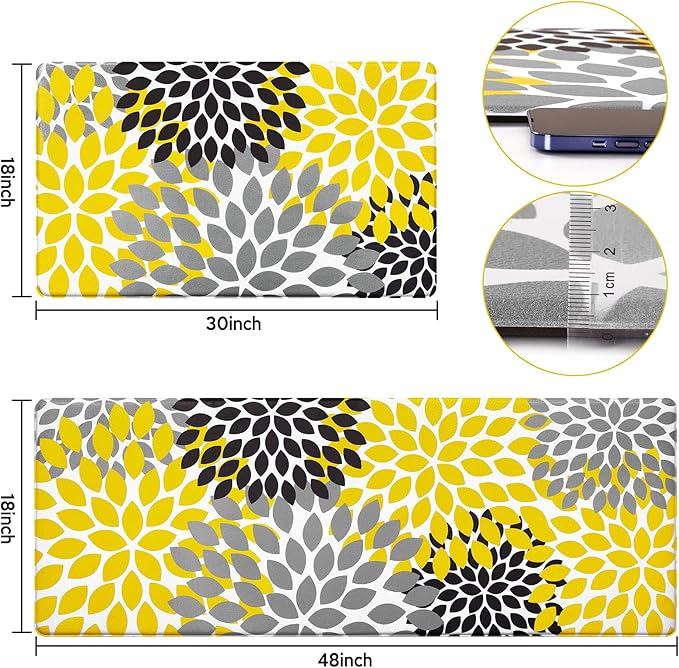 Likiyol Kitchen Mats for Floor [2 PCS] Anti-Fatigue Comfort Kitchen Rugs, Boho Flower Cushioned Waterproof Kitchen Decor Mat Thick, Standing Floor Mats for Home/Office, 18''x30''+18''x48''(Yellow)
