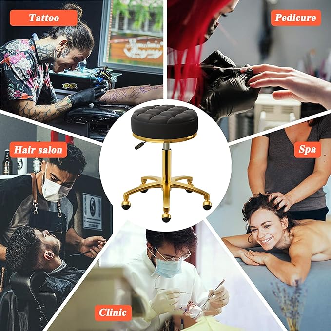 Rolling Stool Gold Vanity Stool with Wheels, Pedicure Massage Roller Stools, PU Leather Round Swivel Salon Spa Chair, Titanium Gold Base, Height Adjustable 43-55 cm (Black)