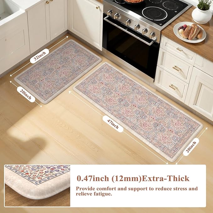 Collive Anti Fatigue Mats for Kitchen Floor, Cushioned Comfort Kitchen Rugs Sets of 2 Waterproof Non Skid Padded Sink Rugs, Pink/Blue Floral Rug Standing Mat for Laundry, Home Office Decor