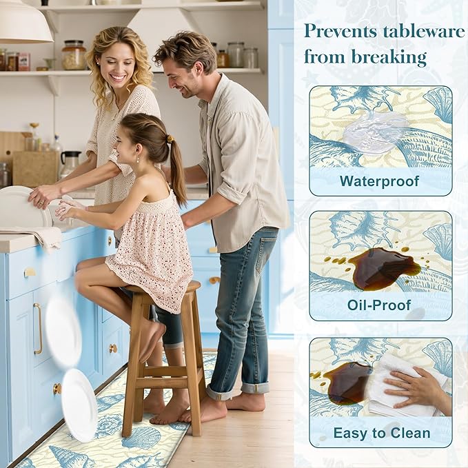 Kitchen Mats for Floor Cushioned Anti Fatigue Sets of 2 Beach Theme Kitchen Rugs Non Slip Waterproof Coastal Foam Kitchen Floor Rug Nautical Coral Seashell Comfort Standing Mat for Sink Laundry, Blue