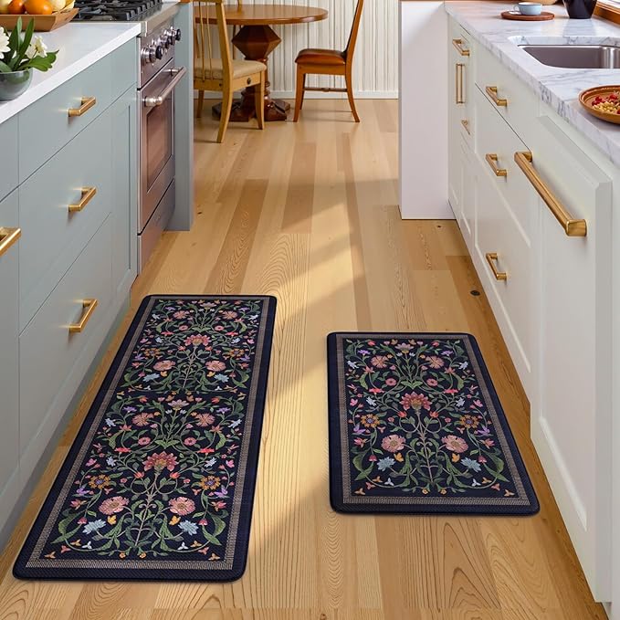 Collive Anti Fatigue Kitchen Mats, Cushioned Kitchen Rugs Set of 2 Waterproof Non Slip Desk Mat, Comfort Standing Rug Vintage Floral Carpet for Office, Sink, Laundry, 17.3"x29"+17.3"x47", Purple/Blue