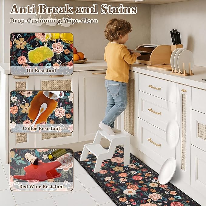 Arttown Kitchen Mats for Floor 2Pcs-Anti Fatigue Non Slip Mats for Kitchen Floor, Cushioned Waterproof & Stain-Resistant Boho Floral Mat Set, Laundry Room, Office, Sink, Desk (Black)