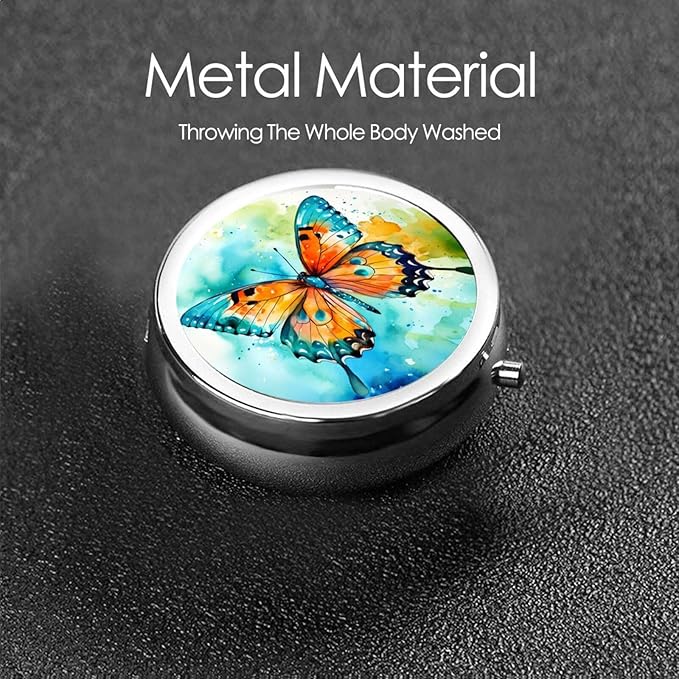 Watercolor Butterfly Art Style Pill Box 3 Compartment Pill Case, Portable Medicine Pill Organizer for Pocket Purse Pill Box Decorative Metal Medicine Vitamin Organizer