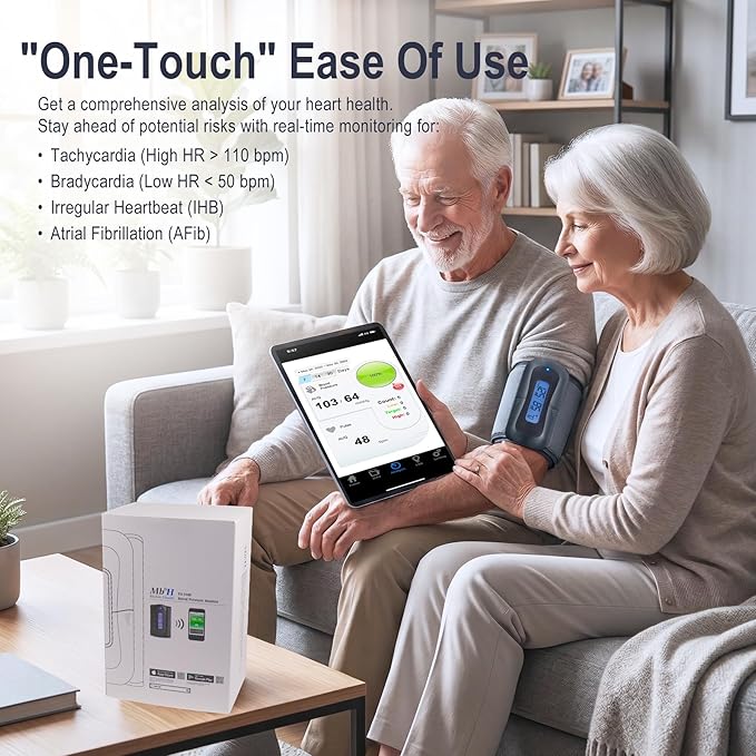 MbH Bluetooth Blood Pressure Monitor- Wireless Upper Arm Cuff BP Monitor for Home Use, IHB and AF Detection, Ultra-Light and Portable, Includes App for iOS & Android