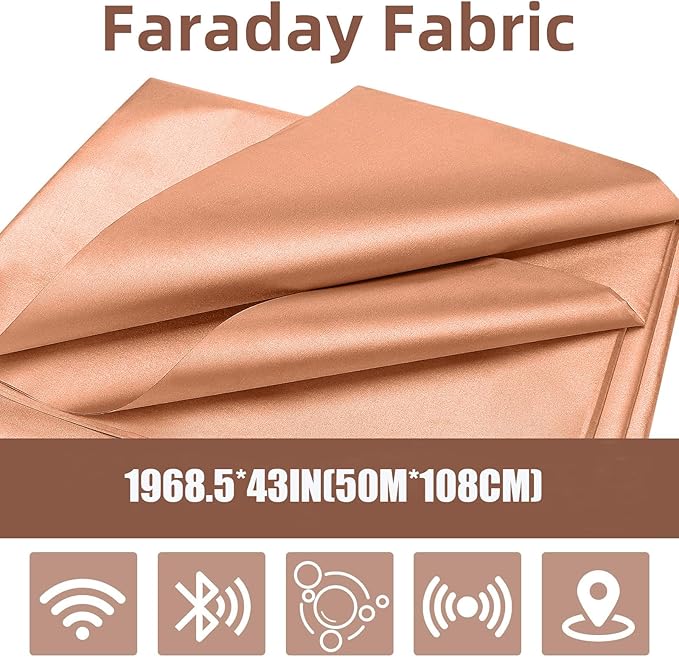 Amerthing Pure Copper Faraday Fabric,Blocking Fabric for Shielding RFID,EMP,EMF,EMI,5G,WiFi,Bluetooth,GPS Faraday Cloth 50 Meter (1968.5"x43" inch)