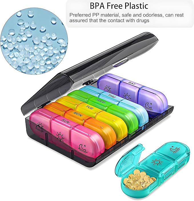 Weekly Pill Organizer 3 Times a Day, Portable Travel Pill Box 7 Day with Large Pill Containers, Daily Pill Box with 21 Compartments, Light-Proof Pill Container for Medications, Vitamins, Fish Oils
