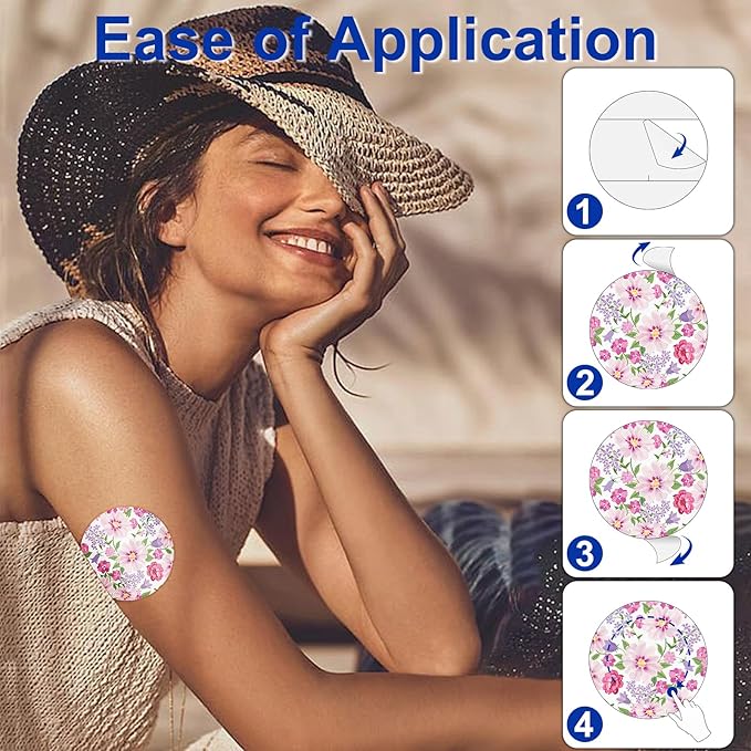 HONYOU Libre 2 Plus Sensor Covers Waterproof 15 Days Long-Stay Lingo Glucose Monitor Patch Pink Floral Pattern CGM Sensor Overpatch No Hole, Hypoallergenic & Latex-Free Sweatproof 15Pack