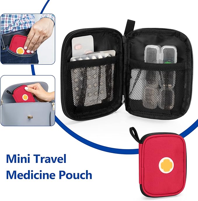 CURMIO Medicine Storage Bag Empty, Lockable Pill Bottle Organizer with Portable Zippered Pouches for First Aid Kits, Medicine Box for Home and Travel, Red (Patent Pending)