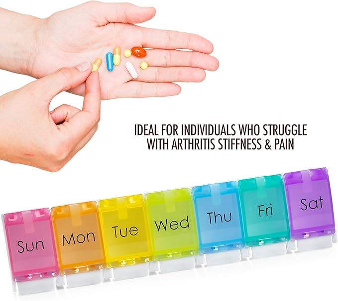 7 Day Pill Organizer - with Push Button Assisted Open a Daily Travel Pill Box Case Planner and Large Compartments for Medication Vitamins Fish Oil & Supplements, BPA Free