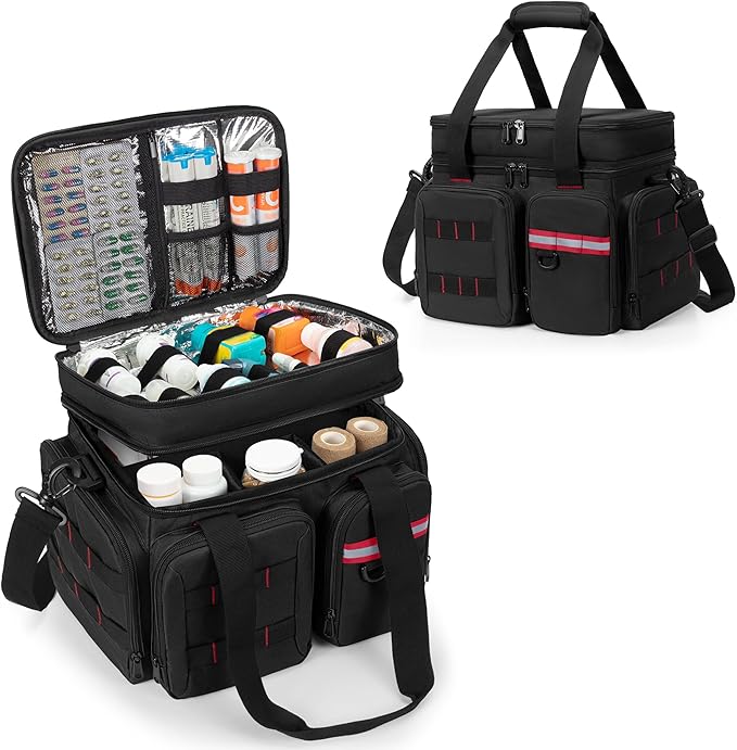 Medicine Organizer Bag with Insulated Pocket for Travel, Pill Bottle Storage Bag with 4 Customized Dividers & Shoulder Strap for Medication, Insulin and First Aid Supplies, Black (Bag ONLY)