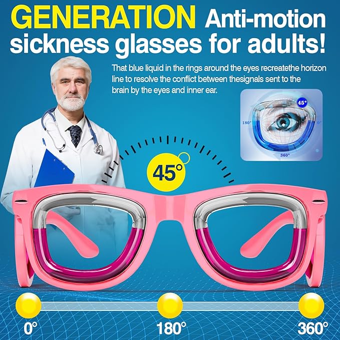 Hion Adult Anti- Motion Sickness Smart Glasses, Ultra-Light Portable Nausea Relief Liquid Glasses, Carsickness Airsickness Seasickness Glasses, Kids Travel/Cruise Essentials（Pink